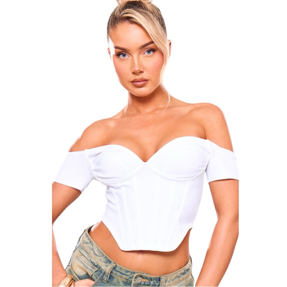 PRETTY LITTLE THING WHITE BANDAGE DIP HEM BUST CUP BARDOT CORSET